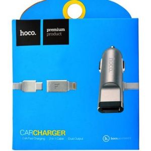 Hoco Car Charger With 2 In 1 Cable - Silver